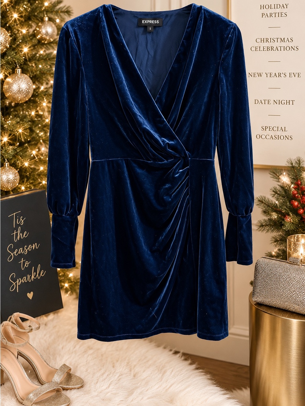 Express Sapphire Blue Velvet Wrap Mini Dress | Holiday Party Christmas NYE